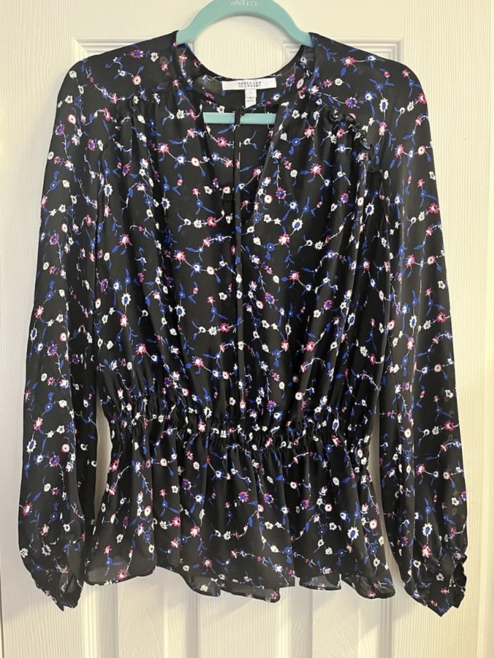 10 Crosby Derek Lam Black Floral Peplum Long-Sleeve Blouse Size 2